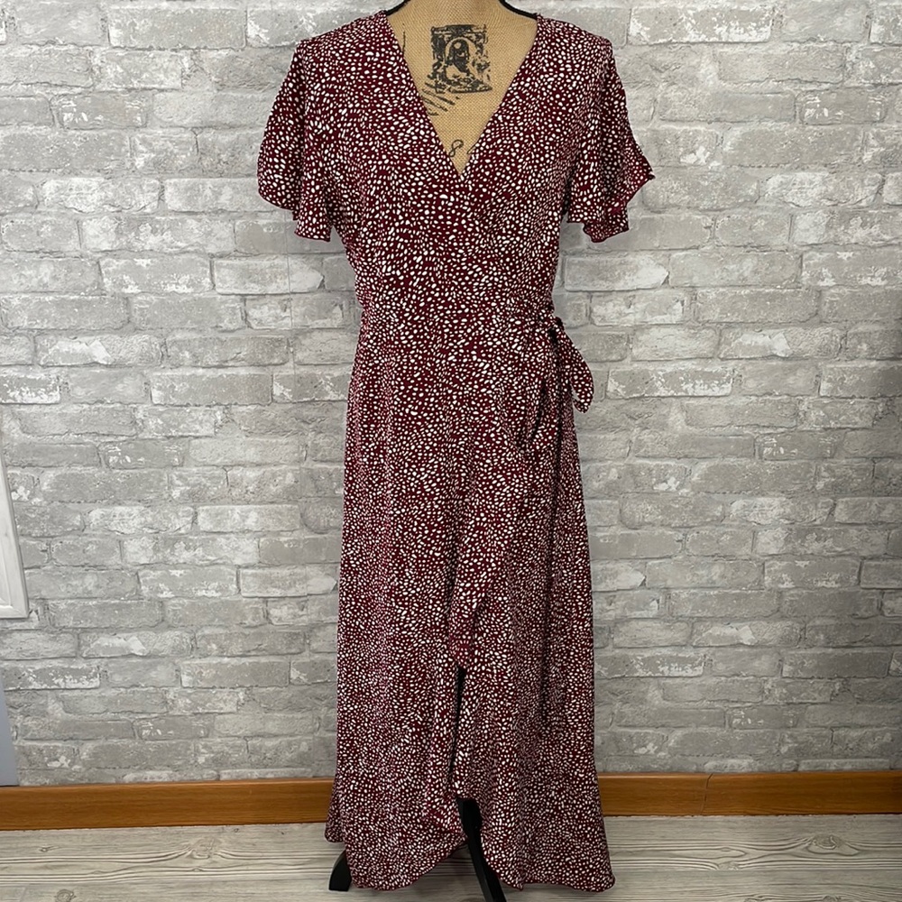 Simplee Burgundy Spotted Wrap Dress